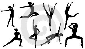 Silhouette Poses, Woman Aerobics Fitness on White Background, Se