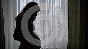 Silhouette Of Pregnancy Woman Stroking And Caressing Her Tummy Against A Window