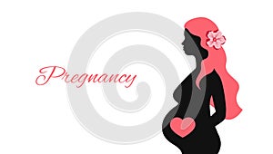 Silhouette of pregnant woman in profile isolated. Young expectant mother with long hair and flower. Pregnancy text. Vector