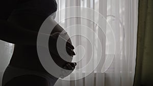 Silhouette Of Pregnant Woman Stroking And Caressing Her Belly Against A Window