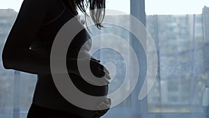 Silhouette of pregnant woman stroking and caressing her stomach against a window