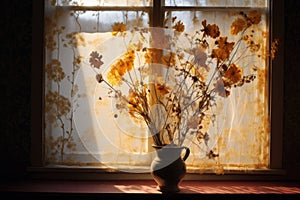 silhouette of pressed flowers against a sunlit window