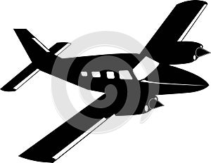 Silhouette of a private twin-engine propeller-driven aircraft.