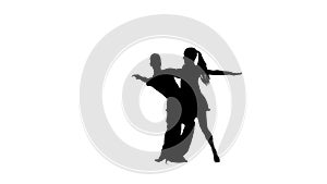 Silhouette professional pair dancing jive on white background. Slow motion