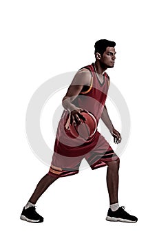 Silhouette of professional sportsman playing basketball on white
