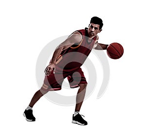Silhouette of professional sportsman playing basketball on white