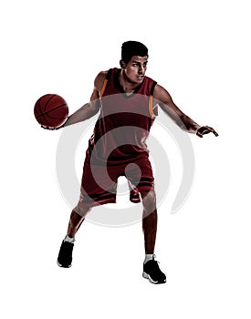 Silhouette of professional sportsman playing basketball on white background