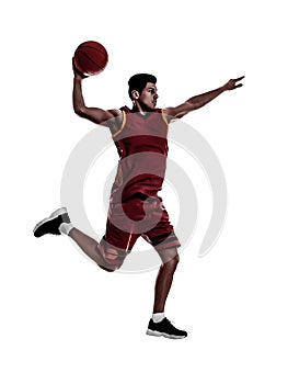 Silhouette of professional sportsman playing basketball on white background