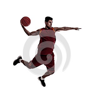 Silhouette of professional sportsman playing basketball on white background