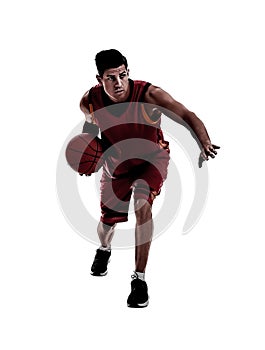 Silhouette of professional sportsman playing basketball on white background