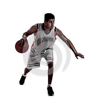 Silhouette of professional sportsman playing basketball on white background