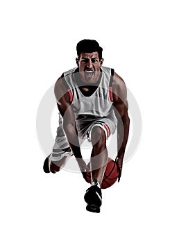 Silhouette of professional sportsman playing basketball on white background