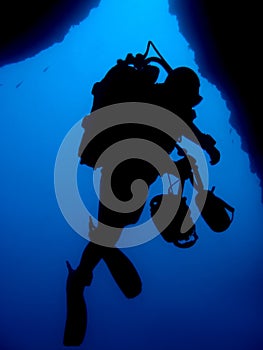 Silhouette of professional underwater photographer