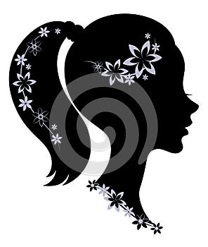Silhouette profile of a cute lady s head. The girl has a haircut tail for long beautiful hair, decorated with flowers. Suitable