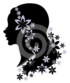 Silhouette profile of a cute lady s head. The girl has long beautiful hair, decorated with flowers. Suitable for logo, advertising