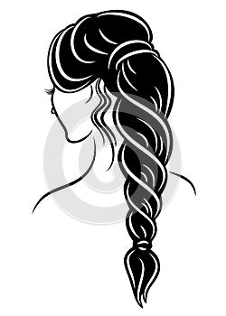 Silhouette profile of a cute lady`s head. The girl shows the female hairstyle braid on medium and long hair. Suitable for