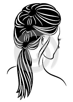 Silhouette profile of a cute lady`s head. The girl shows the female hairstyle braid on medium and long hair. Suitable for