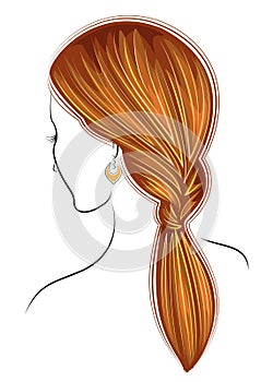 Silhouette profile of a cute lady`s head. The girl shows the female hairstyle braid on medium and long hair. Suitable for