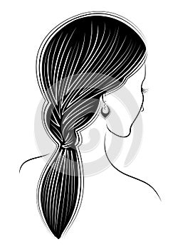 Silhouette profile of a cute lady`s head. The girl shows the female hairstyle braid on medium and long hair. Suitable for