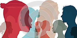 Silhouette profile group of men and women of diverse cultures. Concept of racial equality and anti-racism. Diversity multi-ethnic