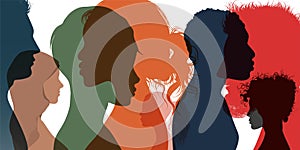 Silhouette profile group of men women and girl of diverse culture. Diversity multi-ethnic and multiracial people. Racial equality