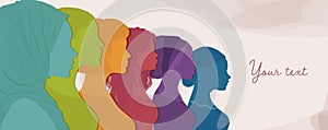 Silhouette profile group of multicultural women. International Women s day. Female social community of diverse culture. Colleagues