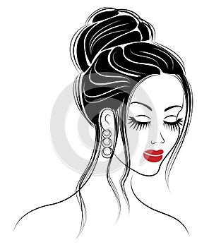 Silhouette of a profile of a sweet lady`s head. The girl shows a female hairstyle on medium and long hair. Suitable for logo,