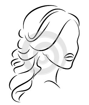 Silhouette of a profile of a sweet lady`s head. The girl shows a female hairstyle on medium and long hair. Suitable for logo,