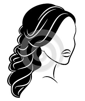 Silhouette of a profile of a sweet lady`s head. The girl shows a female hairstyle on medium and long hair. Suitable for logo,