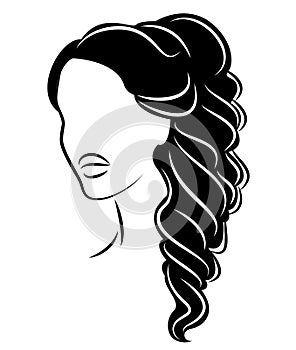 Silhouette of a profile of a sweet lady`s head. The girl shows a female hairstyle on medium and long hair. Suitable for logo,