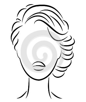 Silhouette of a profile of a sweet lady`s head. The girl shows a female hairstyle on medium and long hair. Suitable for logo,