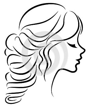 Silhouette of a profile of a sweet lady`s head. The girl shows a female hairstyle on medium and long hair. Suitable for logo,