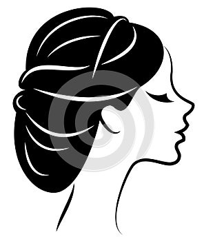 Silhouette of a profile of a sweet lady`s head. The girl shows a female hairstyle on medium and long hair. Suitable for logo,