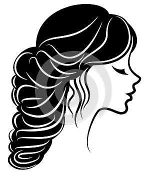 Silhouette of a profile of a sweet lady`s head. The girl shows a female hairstyle on medium and long hair. Suitable for logo,