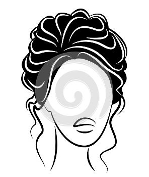 Silhouette of a profile of a sweet lady`s head. The girl shows a female hairstyle on medium and long hair. Suitable for logo,