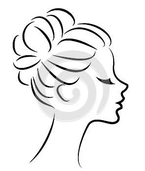 Silhouette of a profile of a sweet lady`s head. The girl shows a female hairstyle on medium and long hair. Suitable for logo,