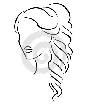 Silhouette of a profile of a sweet lady`s head. The girl shows a female hairstyle on medium and long hair. Suitable for logo,