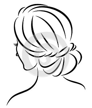 Silhouette of a profile of a sweet lady`s head. The girl shows a female hairstyle on medium and long hair. Suitable for logo,