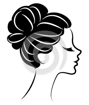 Silhouette of a profile of a sweet lady`s head. The girl shows a female hairstyle on medium and long hair. Suitable for logo,