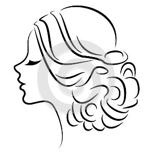 Silhouette of a profile of a sweet lady`s head. The girl shows a female hairstyle on medium and long hair. Suitable for logo,