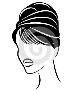 Silhouette of a profile of a sweet lady`s head. The girl shows a female hairstyle on medium and long hair. Suitable for logo,