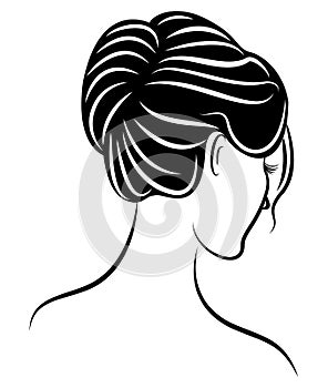 Silhouette of a profile of a sweet lady`s head. The girl shows a female hairstyle on medium and long hair. Suitable for logo,