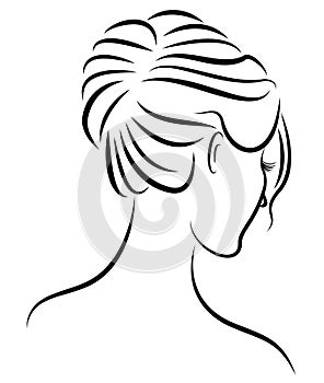 Silhouette of a profile of a sweet lady`s head. The girl shows a female hairstyle on medium and long hair. Suitable for logo,