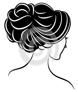 Silhouette of a profile of a sweet lady`s head. The girl shows a female hairstyle on medium and long hair. Suitable for logo,