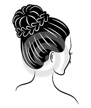 Silhouette of a profile of a sweet lady`s head. The girl shows a female hairstyle on medium and long hair. Suitable for logo,