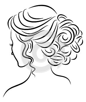 Silhouette of a profile of a sweet lady`s head. The girl shows a female hairstyle on medium and long hair. Suitable for logo,