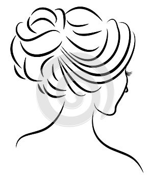 Silhouette of a profile of a sweet lady`s head. The girl shows a female hairstyle on medium and long hair. Suitable for logo,