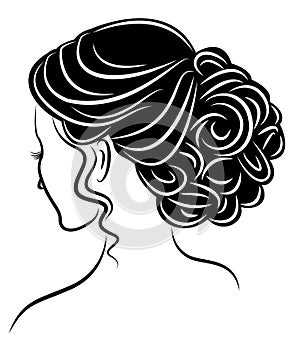 Silhouette of a profile of a sweet lady`s head. The girl shows a female hairstyle on medium and long hair. Suitable for logo,