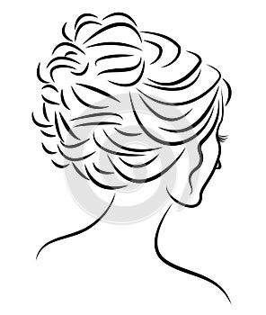 Silhouette of a profile of a sweet lady`s head. The girl shows a female hairstyle on medium and long hair. Suitable for logo,