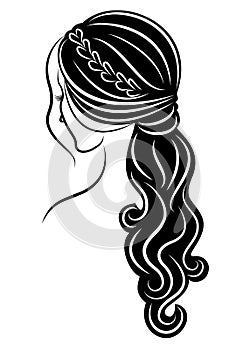 Silhouette of a profile of a sweet lady`s head. The girl shows a female hairstyle on medium and long hair. Suitable for logo,